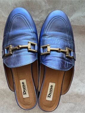 Dune London Metallic Blue Leather Slip-On Mules with Gold Chain Detail